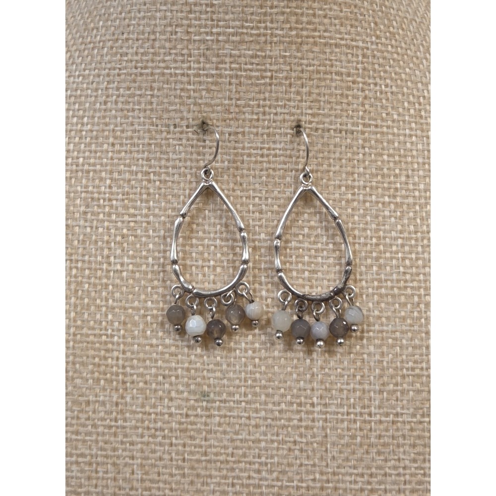 Vintage Sterling Silver & Moonstone Dangle Modernist Oval Earrings - Picture 2 of 5